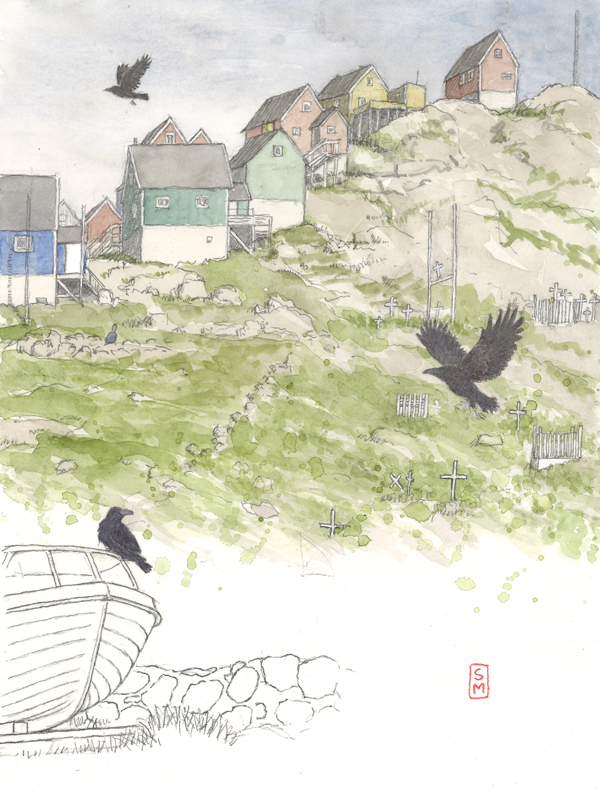 ravens, churchyard, arctic, arctic circle, midnight sun