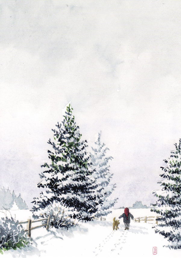 Child and dog, watercolour, winter landscape, christmas card, christmastree, christmasmood