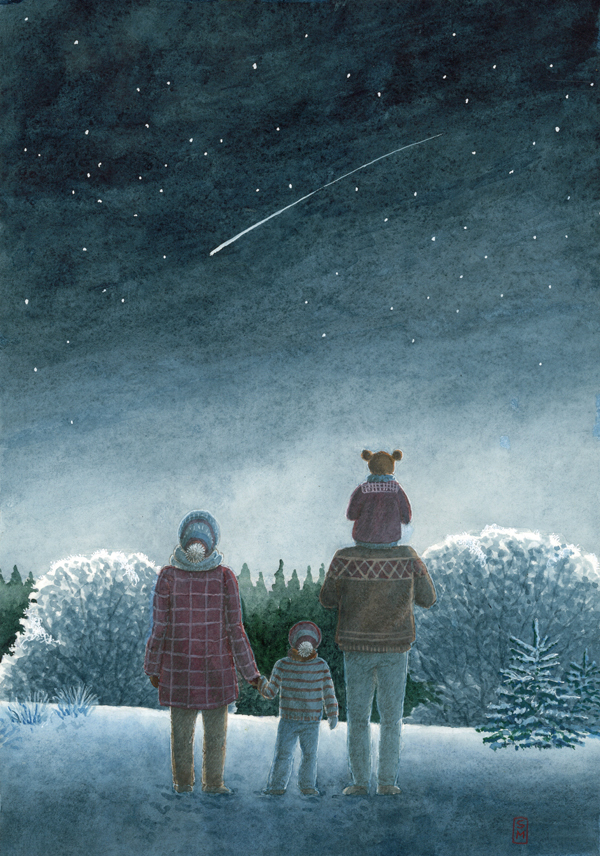 Shooting star, watercolour, winter landscape, christmas card, christmastree, christmasmood