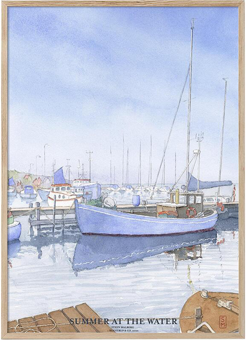 watercolour, harbour, fishing harbour, fishing boat, blue, summer, reflections