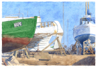 Fiskebåd, fisker, fishing boat, fishing, harbour, Copenhagen, watercolour, Bådebyggeri, boatbuilder, skibsværft, shipyard