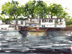 Husbåd, houseboat, havn, harbour, akvarel, watercolour, københavn, Copenhagen