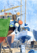 Fiskebåd, fisker, fishing boat, fishing, harbour, Copenhagen, watercolour, Bådebyggeri, boatbuilder, skibsværft, shipyard