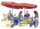 Market stalls, akvarel, watercolours